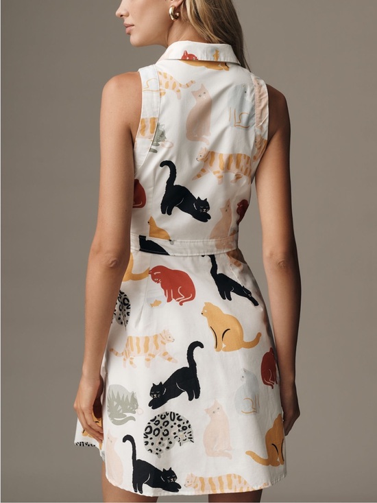 Anthropologie Dresses & Skirts - Anthropologie Belted Mini Shirt Dress Fit & Flare New XL Novelty Ivory Cats